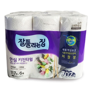 미래생활 잘풀리는집 안심 키친타월 117매 x 6롤 702매 엠보싱 흡수력 펄프 안전성