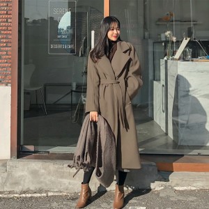 겨울 빅사이즈 카라 스트랩 벨트 모직 롱 코트
