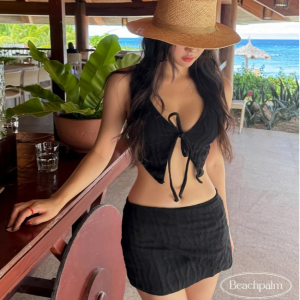 블랙 프릴 리본 3피스 세트 비키니 수영복