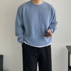 1+1 남자 니트 무지 라운드 골지니트 오버핏 긴팔