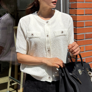 빅사이즈 퍼프 라운드넥 봄여름 반팔트위드가디건