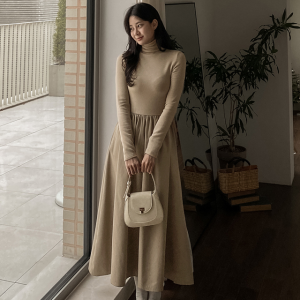 빅사이즈 반폴라 기모 플리츠 여리핏 롱 원피스