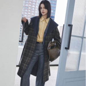 [헤지스] 다크카키 빅체크 후디 코트