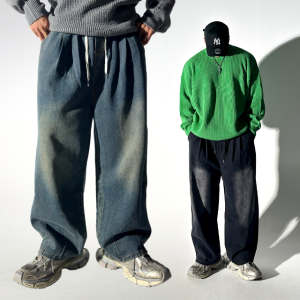 남녀공용 빈티지 워싱 투턱 데님 와이드 팬츠