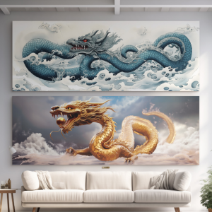 청룡그림 성공을 부르는 재물 풍수 인테리어 캔버스 액자 황금용 가로 133x50cm 용그림