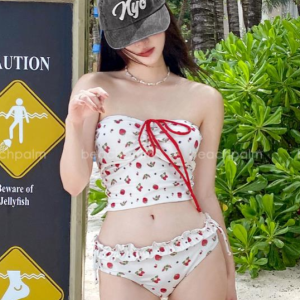 딸기 크롭 튜브탑 2피스 프릴 비키니 수영복