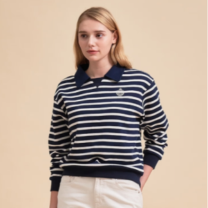 [헤지스 여성] [반값세일] 네이비 스트라이프 긴소매 카라 티셔츠 WSTS4D805N2